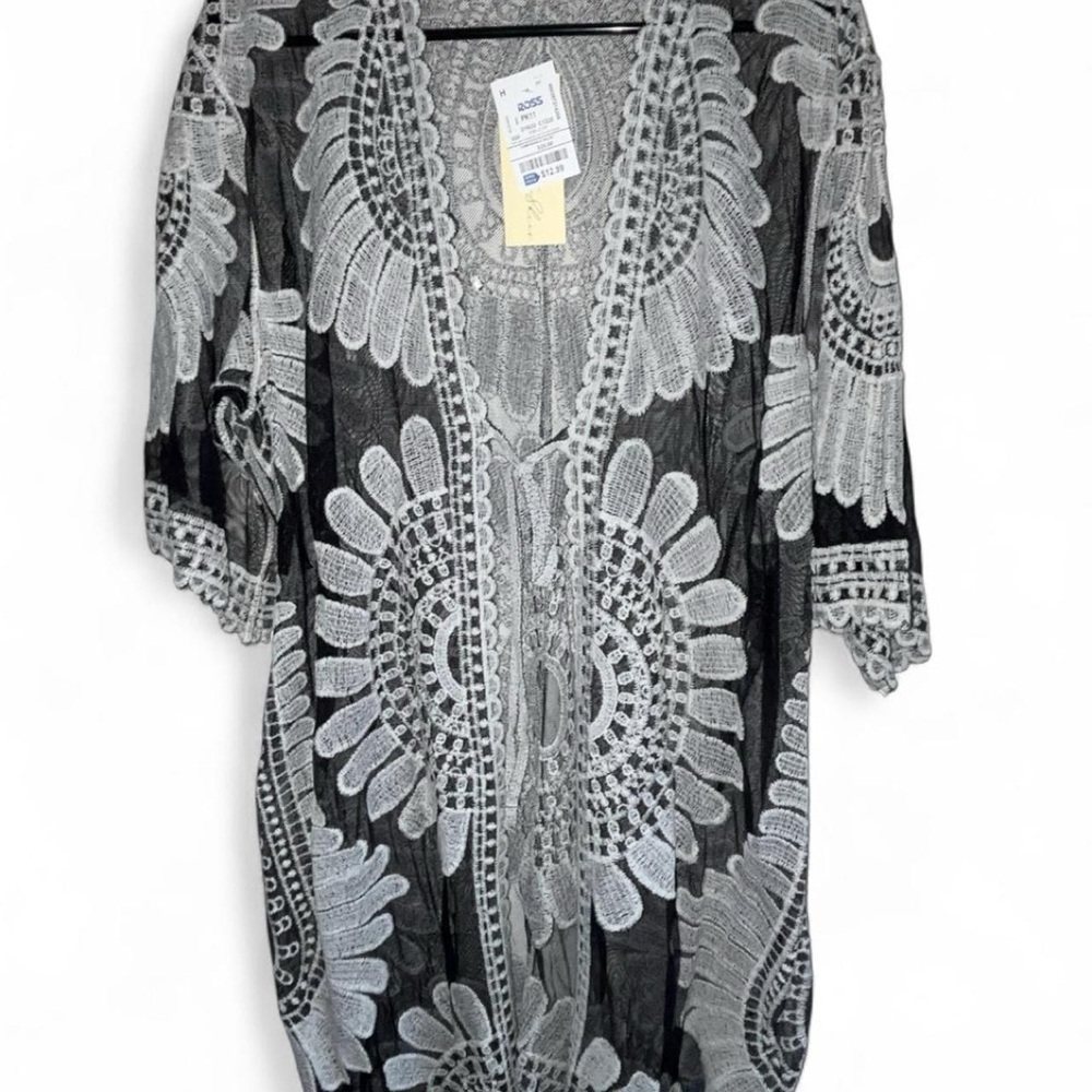 Chic Black and Gray Lace Open-Front Blouse